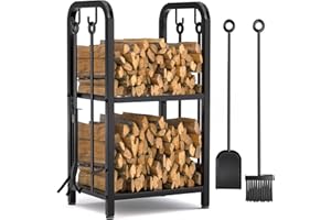 Vailge Firewood Rack Indoor with 4 Pieces Long&Detachable Fireplace Tools, Heavy Duty Steel 2-Tier Firewood Holder Storage, Log Rack for for Fireplace, Fire Pit, Wood Stove Black