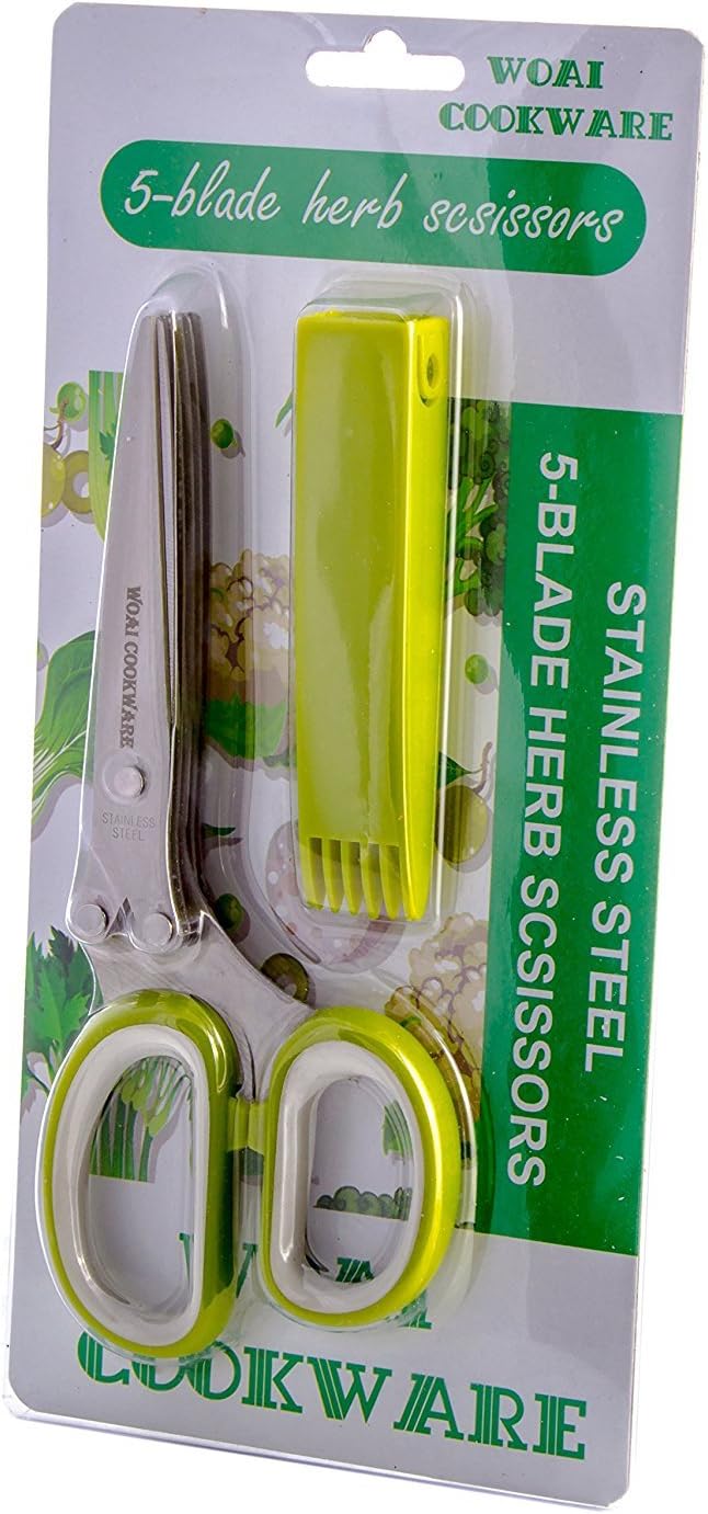WOAI Multipurpose 5 Blades Stainless Steel Herb Scissors – Ultra Sharp Multi Blades Heavy Duty Kitchen Shears – Cut, Snip, Chop Quick and Easy - Includes Cleaning Comb Safety Cover