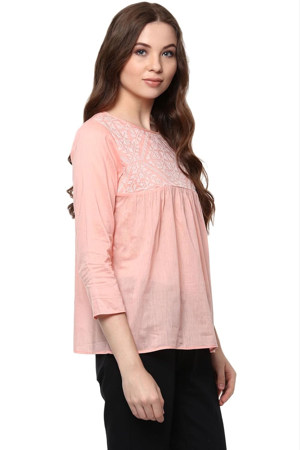 the vanca women's peach rayon top with embroidery