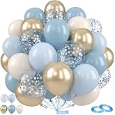 Saxuxu Dusty Blue and Gold Balloons, 12 Inch Blue Gold Balloons, Retro Fog Blue Metallic Golden White Confetti Balloons Latex Balloon for Wedding Baby Shower Gender Reveal Birthday Party Decoration