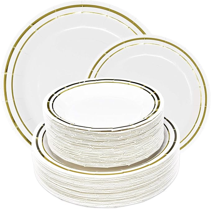 Amazon 100 Disposable Paper Party Plates White Gold Rim Tableware Set