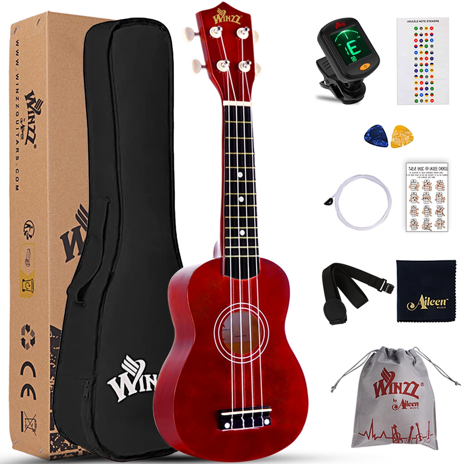 Winzz Kids Ukulele 21inch, Beginner Soprano Ukulele for Adults, Childs Red Starter Set with Fingerboard Stickers, Chords Card, Tuner, Strap, Extra Strings, Bag (9 Accessories)