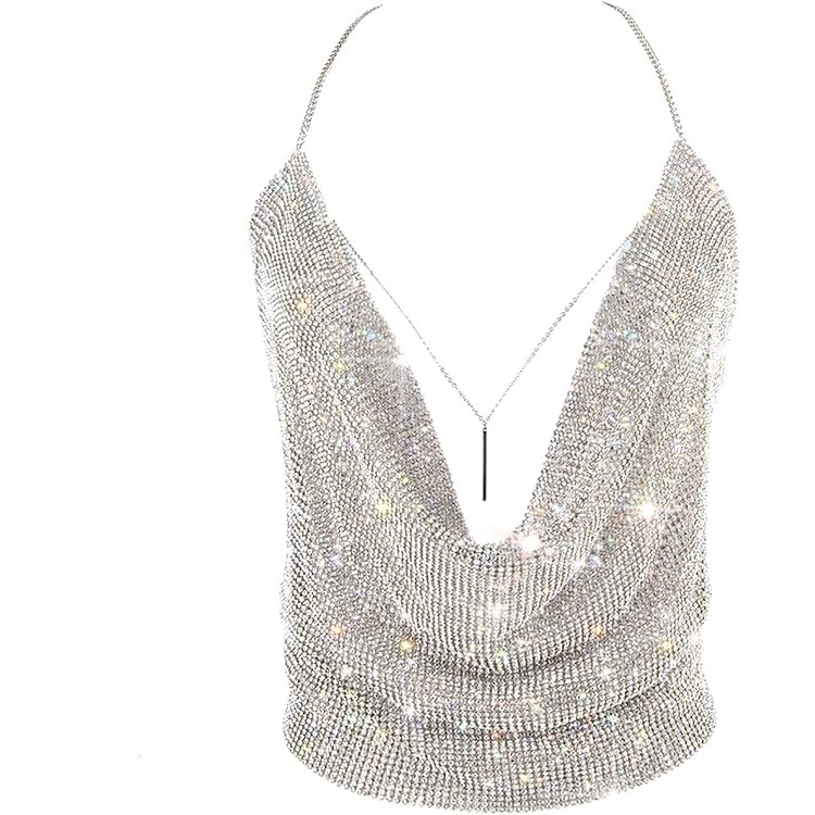 RARITYUS Women Sexy Shiny Rhinestone Tank Top Deep V Neck Chain