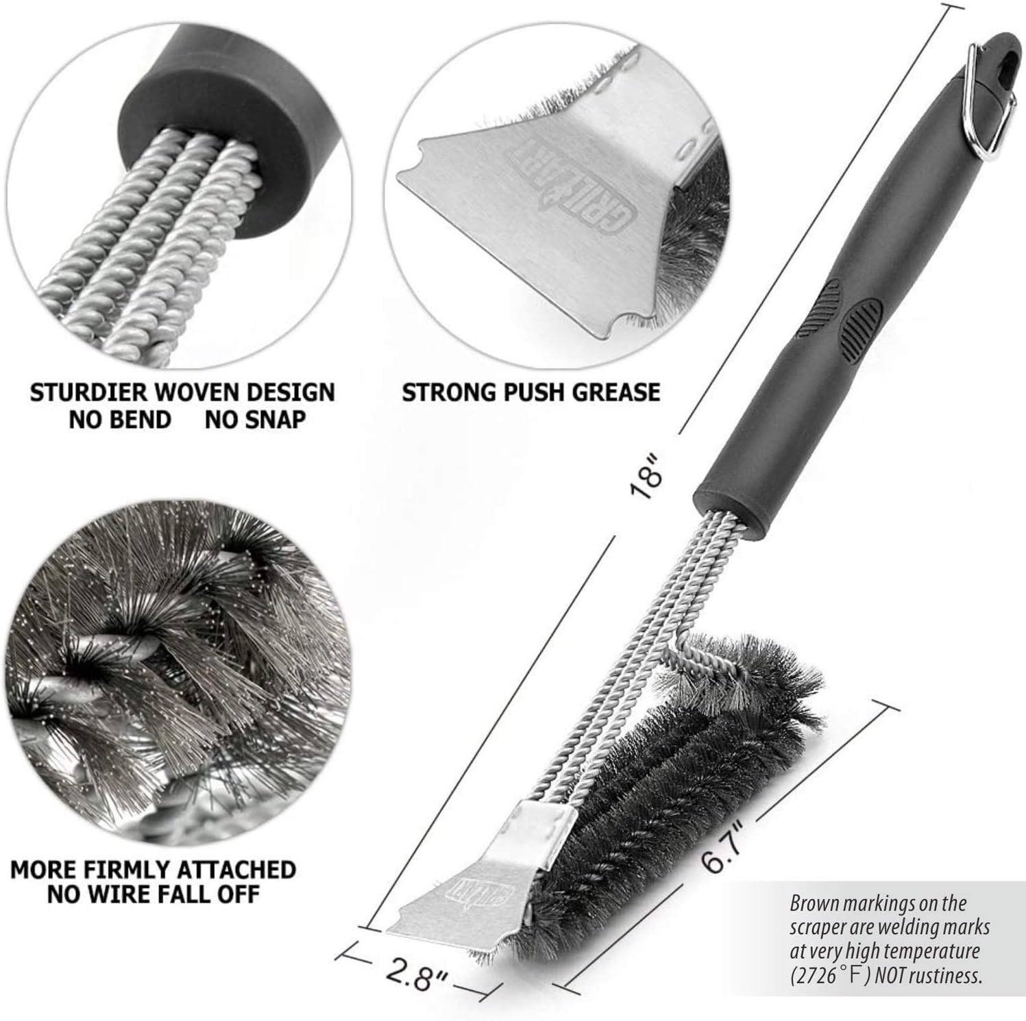 Grill Brush and Scraper - Extra Strong BBQ Cleaner Accessories - Safe Wire Bristles 18"Stainless Steel Barbecue Triple Scrubber Cleaning Brush for Weber Gas/Charcoal Grilling Grates, Best wizard tool: Home & Kitchen