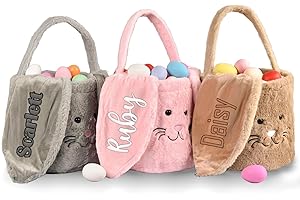 Personalized Easter Basket for Kids, Embroidered Plush Bunny Easter Egg Hunt Tote Bag with Name, Furry Critter Easter Bucket 