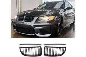 BLWGROW Front Grille Compatible with 2005-2008 BMW 3 series E90 320i 325i 325xi 330i 323i 328i 328xi 335i 335xi,Double Slats Grill Gloss Balck