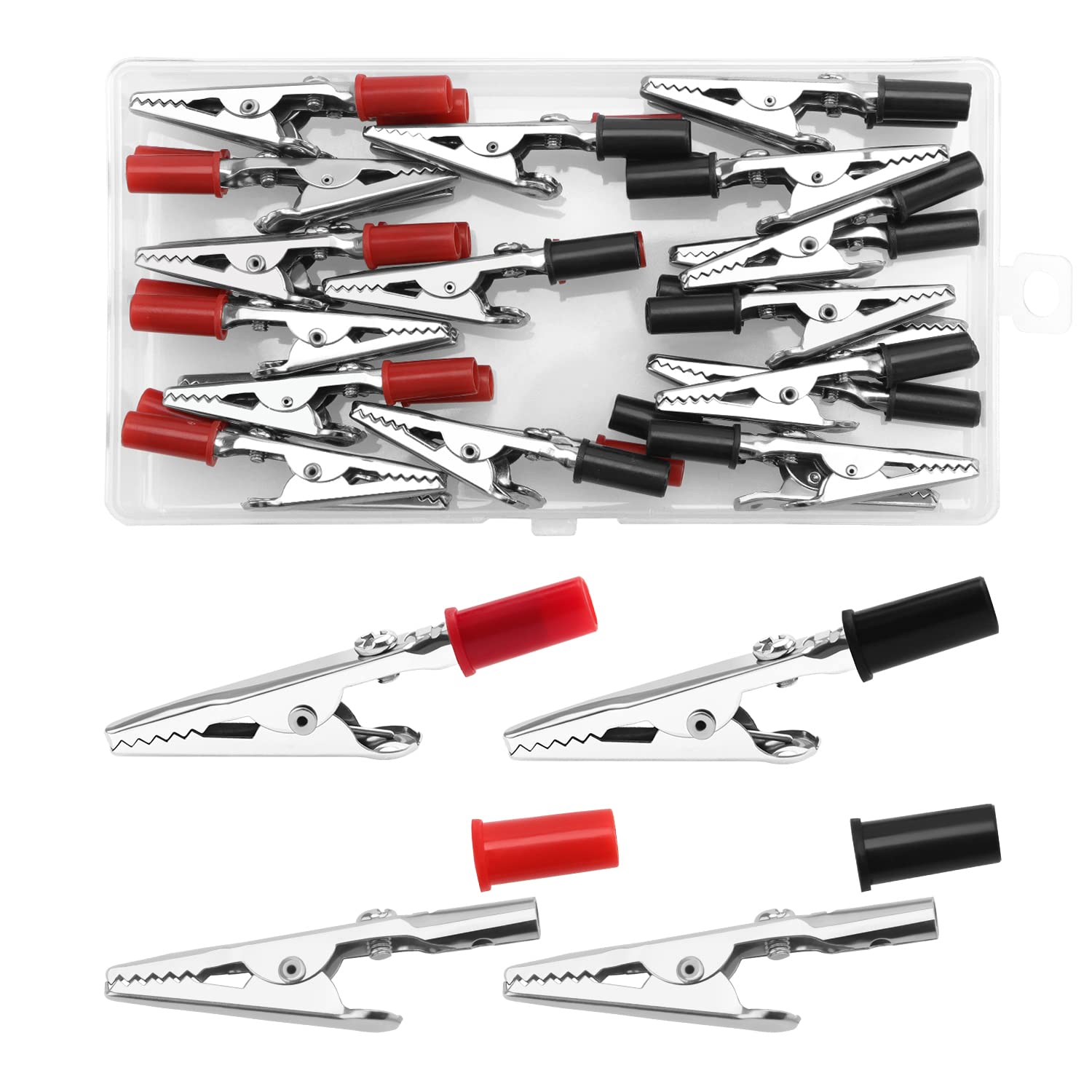 VooGenzek 30 PCS Metal Alligator Clips Electrical Test Clamps, Electrical Test Cable Crocodile Clips, for Laboratory Electric Testing Work, with Red Black Plastic Hands