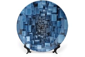 LIGUTARS Ceramic Plates, Abstract Decor Decorative Ceramic Plates, Digital Style Dimensional Square Cubes Glossy, 10 Inch, for Dining, Parties, Wedding, Blue