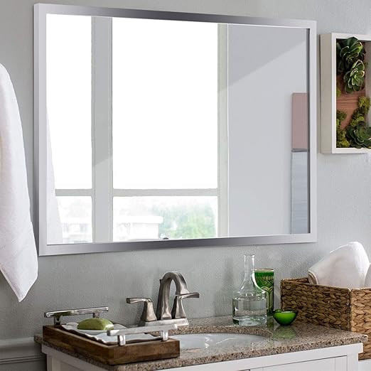 Tangkula Wall Mirror Rectangular Bathroom Simple Modern Stainless Steel Frame Mirror Aluminum Backed Floating Glass Vanity Bedroom Hangs Horizontal