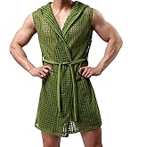 YUFEIDA Men's Sexy Hooded Sleeveless Robes Bathrobes Mesh See-Through Lingerie Sleepwear Pajamas