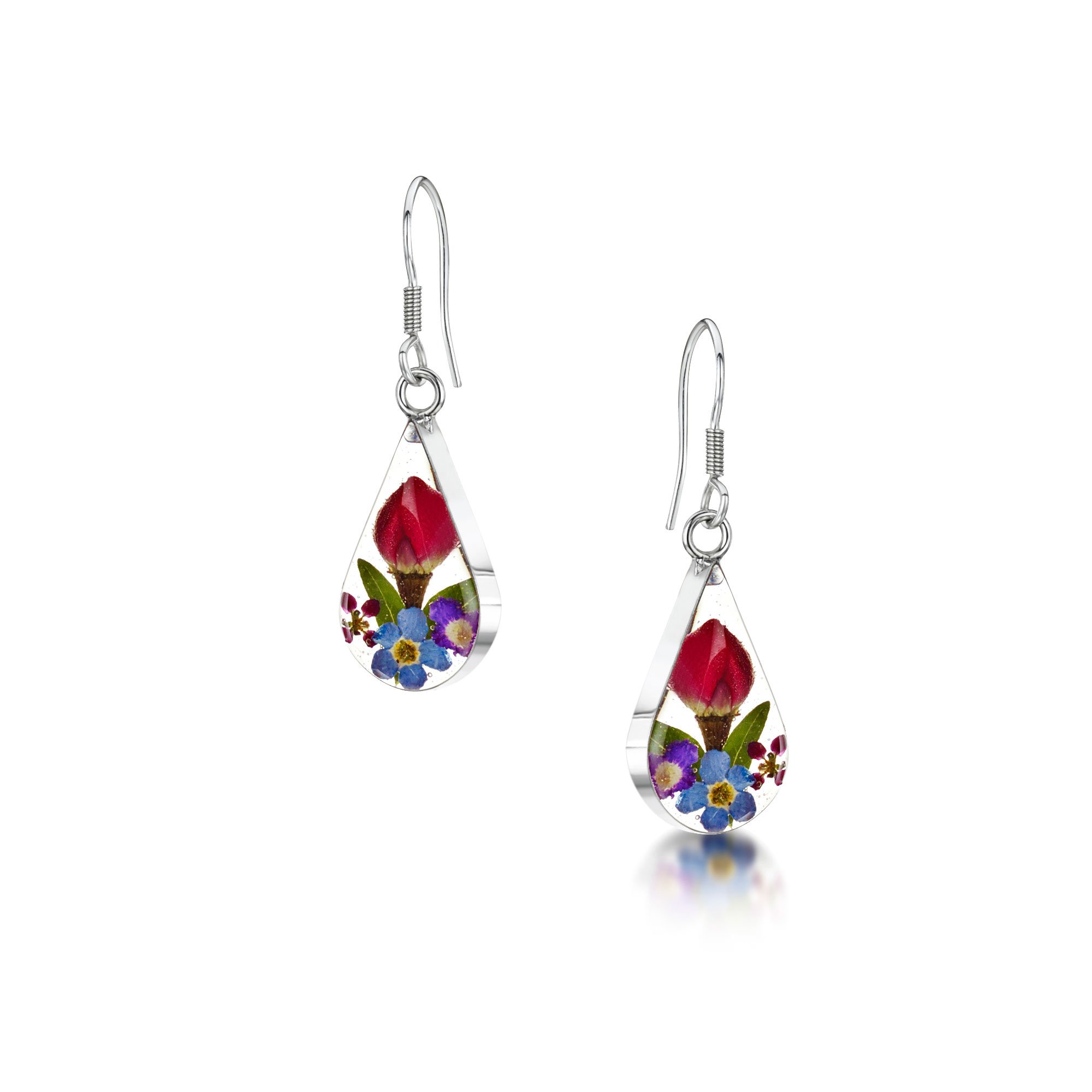 Shrieking Violet 925 Sterling Silver Teardrop Real Flower Drop Earrings - Assorted Flowers (Multicolour)
