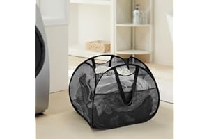 TECHMILLY Collapsible Mesh Pop Up Laundry Hamper with Strong Handles, Large Opening Clothes Hamper with Side Pockets, Storage Baskets for Dorm, Laundry Room, Bathroom or Travel (Black, 90L)