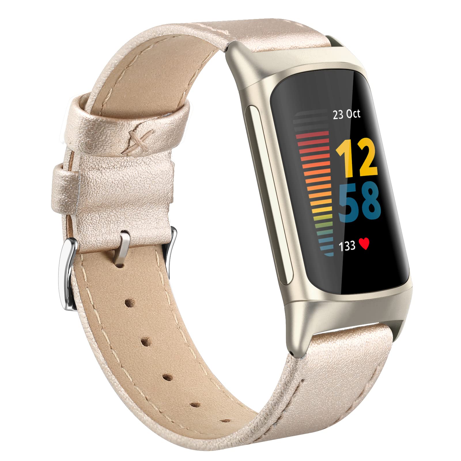 Tuocal Genuine Leather Strap Compatible with Fitbit Charge 5 Strap for Women Men, Soft Breathable Genuine Leather Replacement Sport Wristband for Fitbit Charge 5 Activity Tracker, Champagne