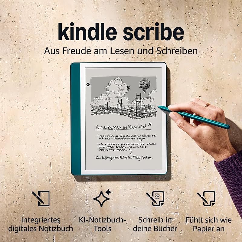 Kindle Scribe (64 GB) – Neuartiges Display mit gleichmäßigem Rahmen | Schreib einfach in Bücher und Dokumente | Mit Notizbuchzusammenfassung | Mit Premium-Eingabestift – Jadegrün Metallic