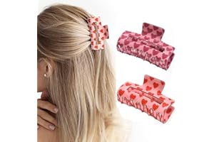 Paderison 2Pcs Checkered Rectangle Valentine's Day Multicolored Hair Claw - Strong Hold Y2K Hair Accessories for Thin and Thick Hair (Red Pink)