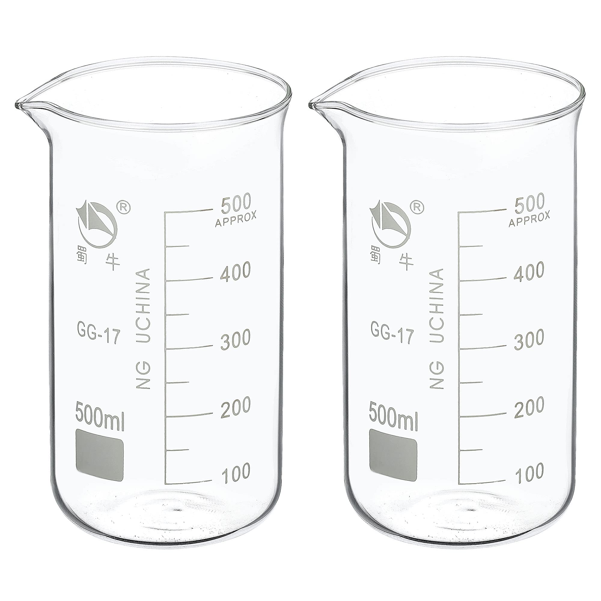 PATIKIL 500ml Tall Form Glass Beaker, 2 Pack 3.3 Borosilicate Glass Graduated Printed Scale Measuring Cups with Spout for Kitchen Lab Liquids Transit Boiling