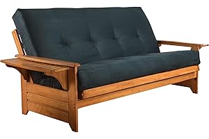 CORDOVA FUTONS Lakeshore Complete Futon - Frame and Mattress Set - Arm Tray, 8" Innerspring Queen Size Sofa Bed Sleeper (Navy, Queen)