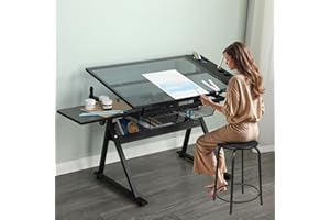 Roockky Drafting Table with Stool, Height Adjustable Drawing Table Art Table Painting Table Art Craft Desk with 0-75° Tilting Glass Tabletop and Storage Drawers for Home Office, Black