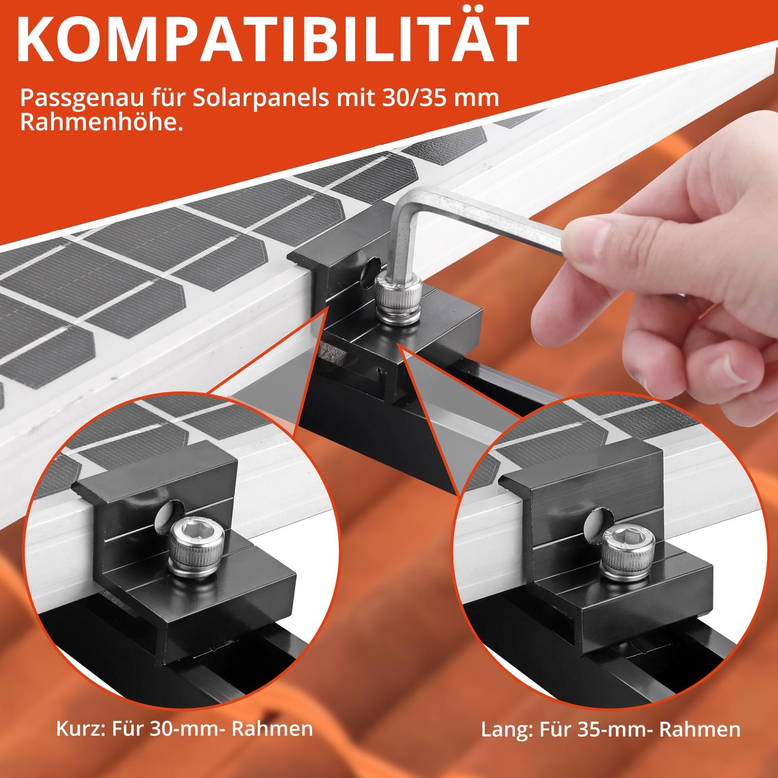 GETLITOOL Solarmodul Halterung, PV Halterung Montageset zur Montage 2 Module-12cm Alu Schiene, Verstellbare Klemme für 30-35MM Module, Solarpanel Halterung Flachdach Trapezblech Ziegeldach| Schwarz 5