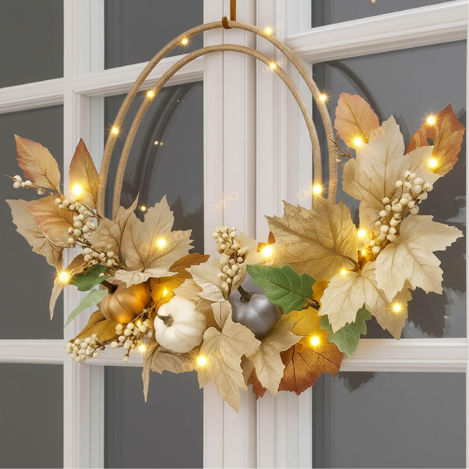 Photo 1 of Fall Large Lighted Wreaths 22 Inch Fall Wreath for Front Door Thanksgiving Harvest Autumn Wreaths with Artificial Eucalyptus Pumpkin Berry Lamb Ears Leaves for Porch Farmhouse Window Wall