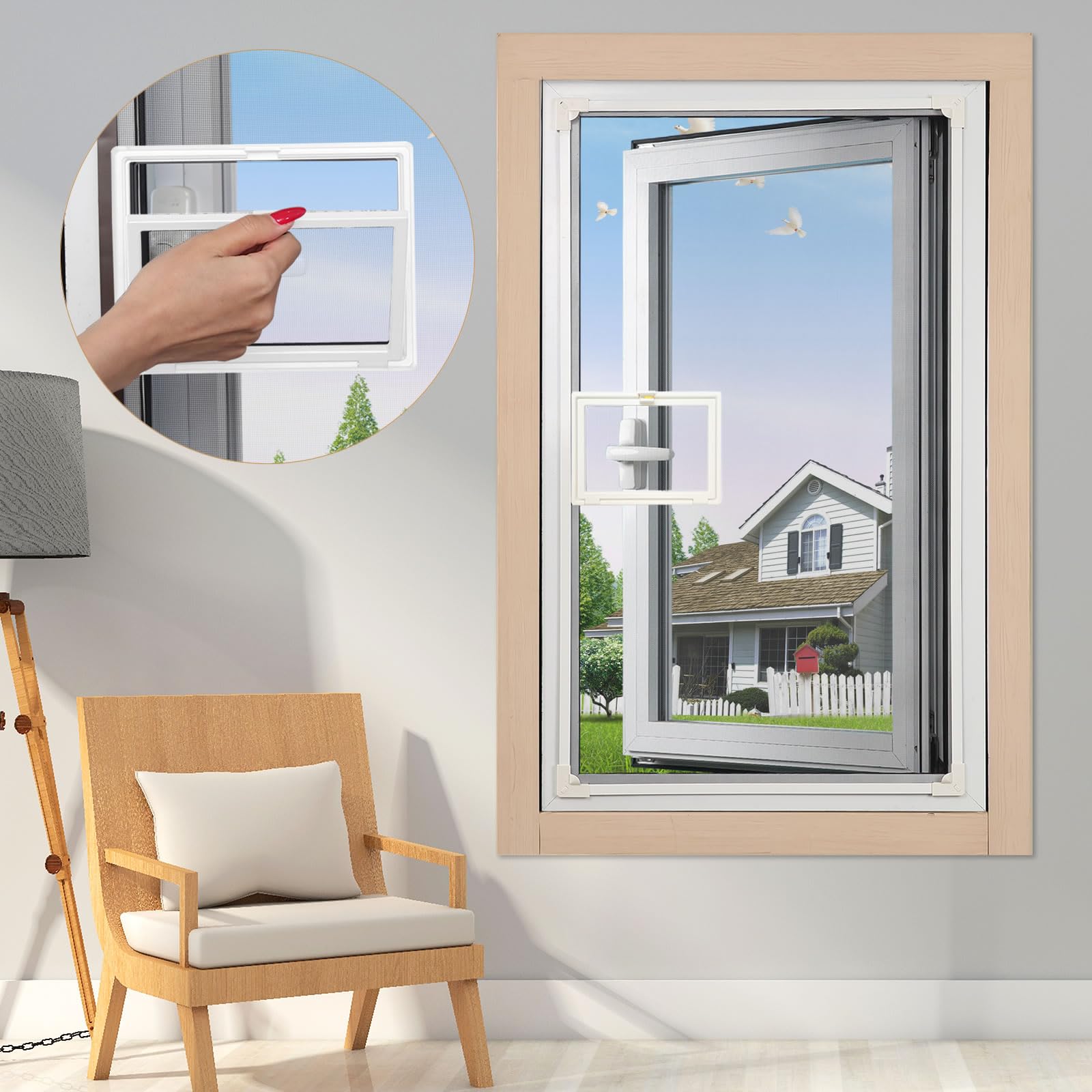 DIY Magnetic Window Screen, Adjustable Window net ，White Frame Grey Mesh with Small Windows 57''X35''(145X89cm)