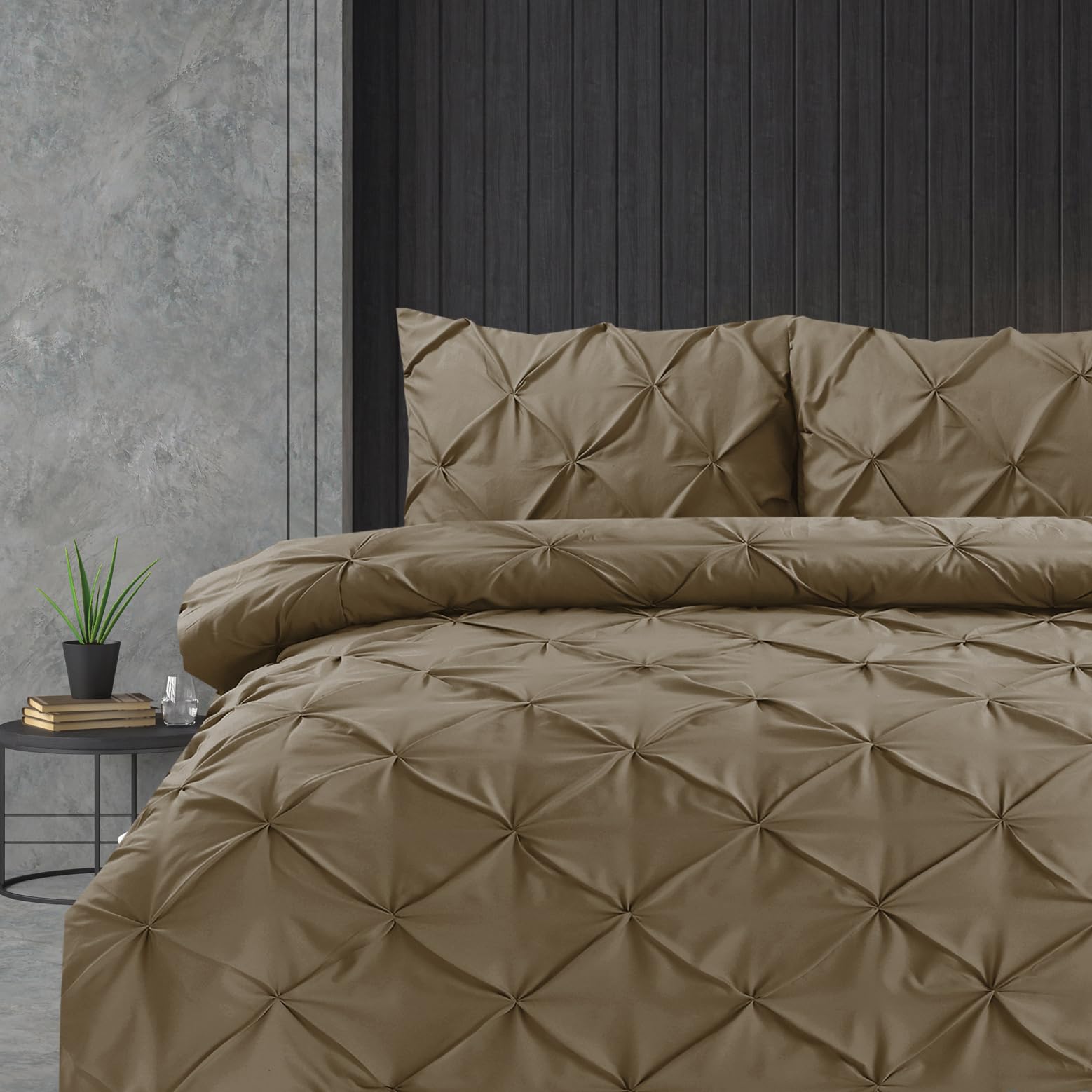 Linen Home Duvet Cover Set Deep Taupe Pintuck Pinch Pleat Soft Microfibre Duvet Cover with 2 Pillowcases, Easy Care Wrinkle Free Double Bedding Set — image 1