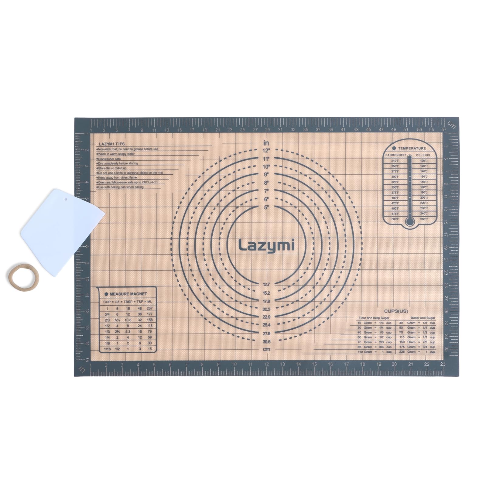 Lazymi Extra Thick Silicone Baking Mat: 60 x 40cm Non Stick Pastry Rolling Mat with Measurement,Non-Slip Dough Kneading Mat, Kitchen Counter Mat, Silicon Baking Sheet for Pie/Cake/Pizza (Grey+Scraper)