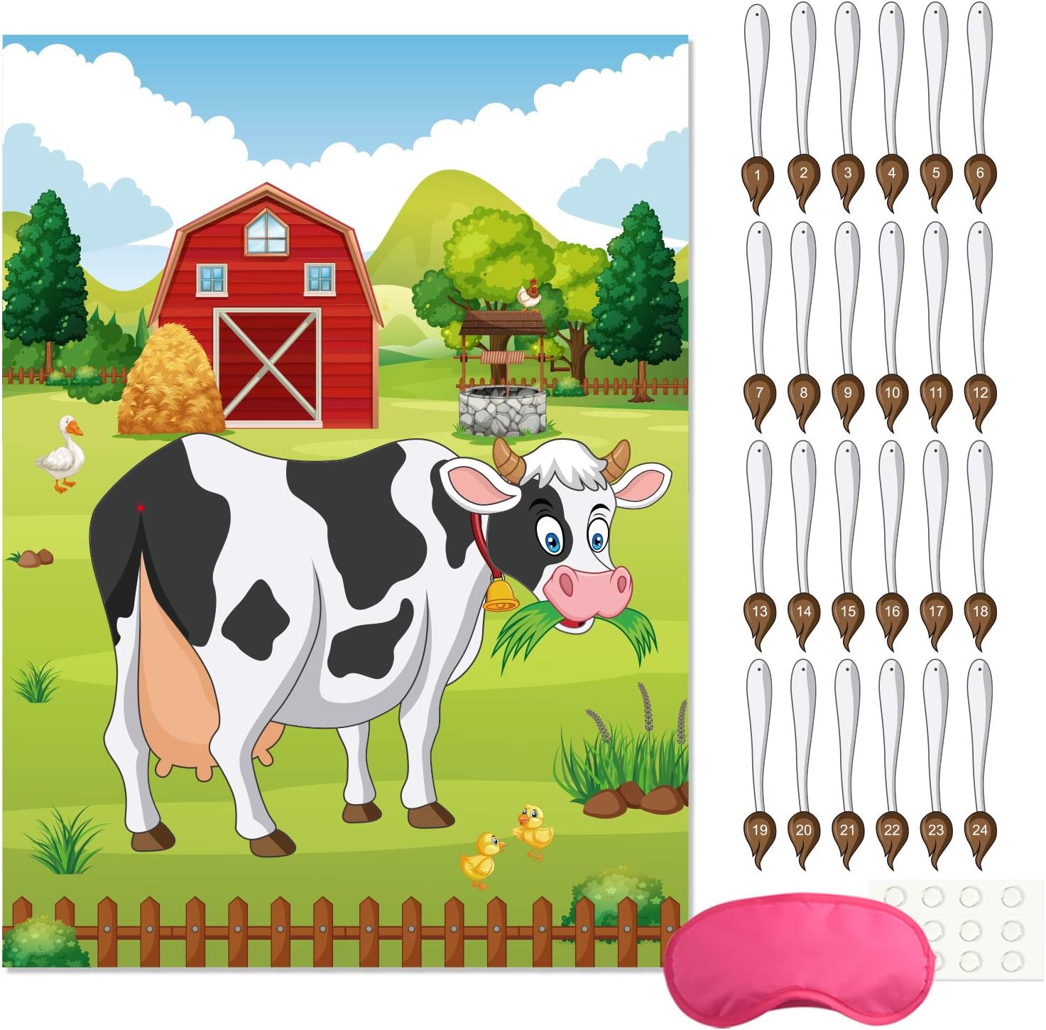 FEPITO Pin the Tail on the Cow Birthday Game with 24 Pcs Tails for Decorations Kids Birthday Party Decorations