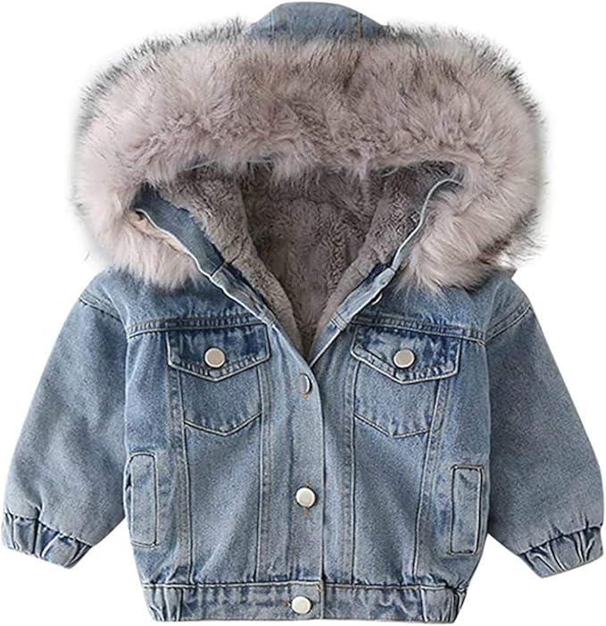 Toddler Baby Girls Faux Fur Denim Jackets Hooded Thicken Fleece Warm