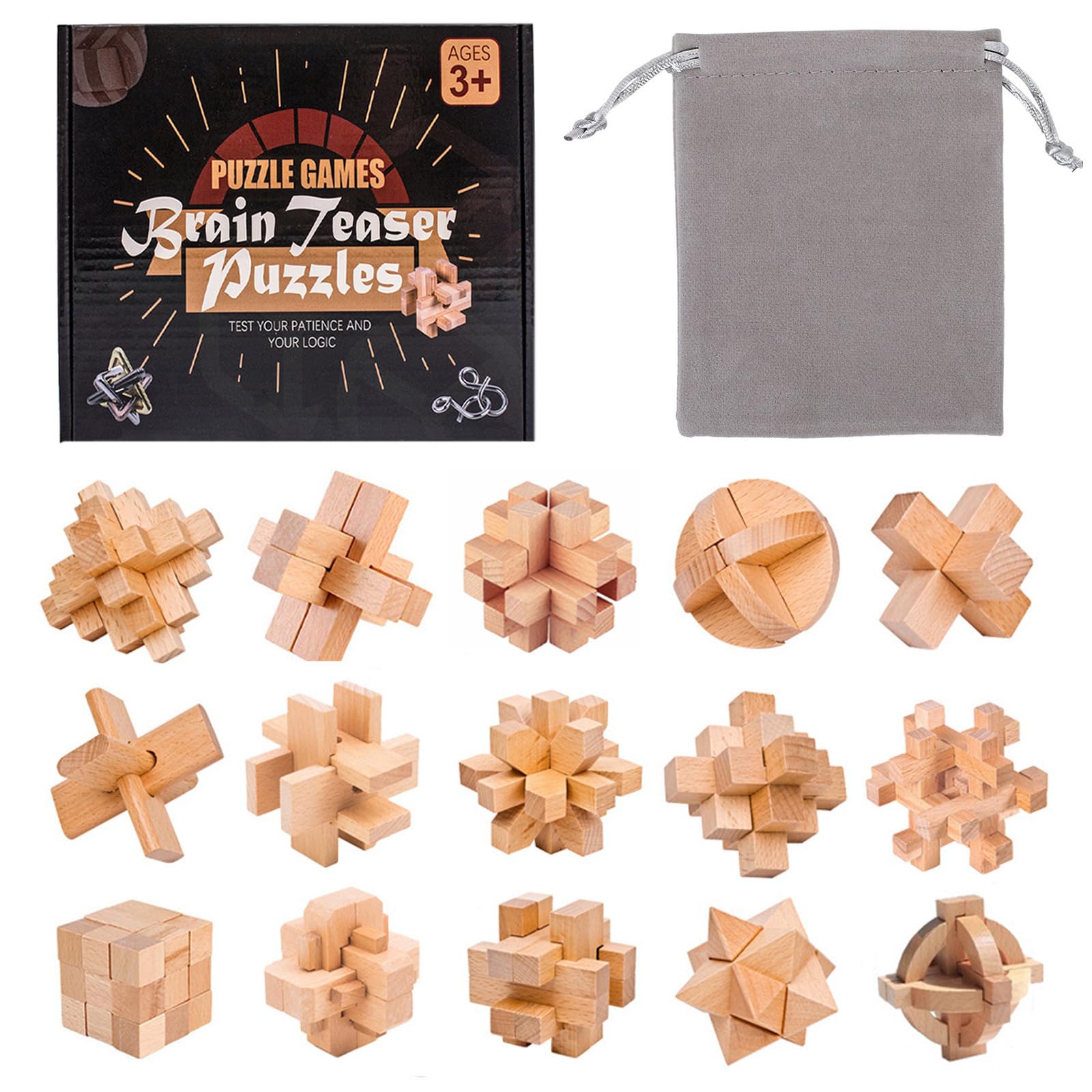 Holzsammlung Set of 15 Wooden Brain Teaser Puzzles, 3D IQ Challenge Puzzle Games, Small Logic Mind Puzzle Box Toy Removing Assembling Lock Puzzle Gift Set for Adults Teenagers Kids, 1.8inch 4.5cm