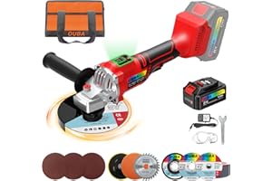OUBA Cordless Angle Grinder Compatible for Dewalt battery 21V Power Angle Grinder with 4.0Ah Battery, Metal Grinder with LED, 6 Speed, 4-1/2" Cutting Wheel, Flap Disc for Cutting, Polishing, Red