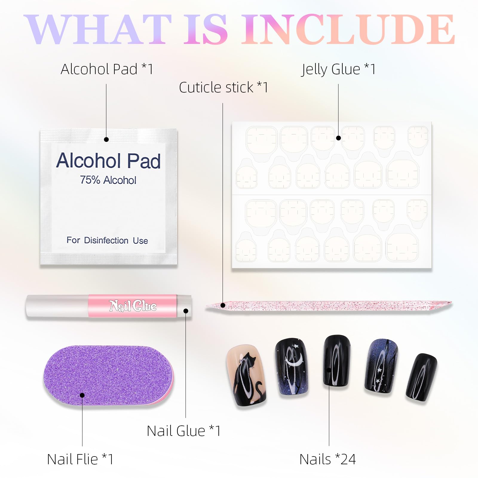 Halloween Press on Nails Square Fake Nails Acrylic Nails Kit with Black Cat Pattern Design Full Cover Artificial False Nails Medium Glue on Nails for Women Girls 24Pcs - Image 3