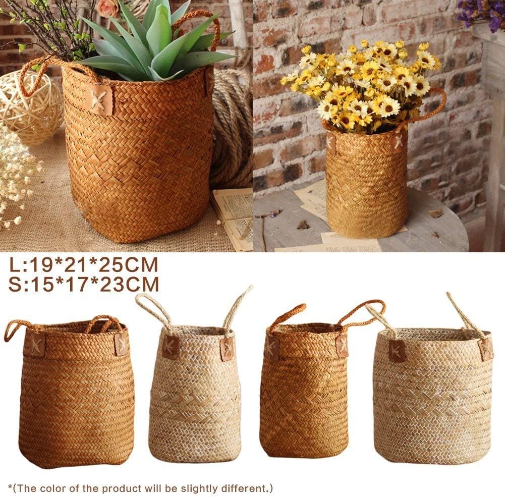 Sue Supply Hand-Woven Seagrass and Iron Wire Fruit Gardening Storage Basket Nordic Simple Storage Box Hamper Organizer Portable Carrier