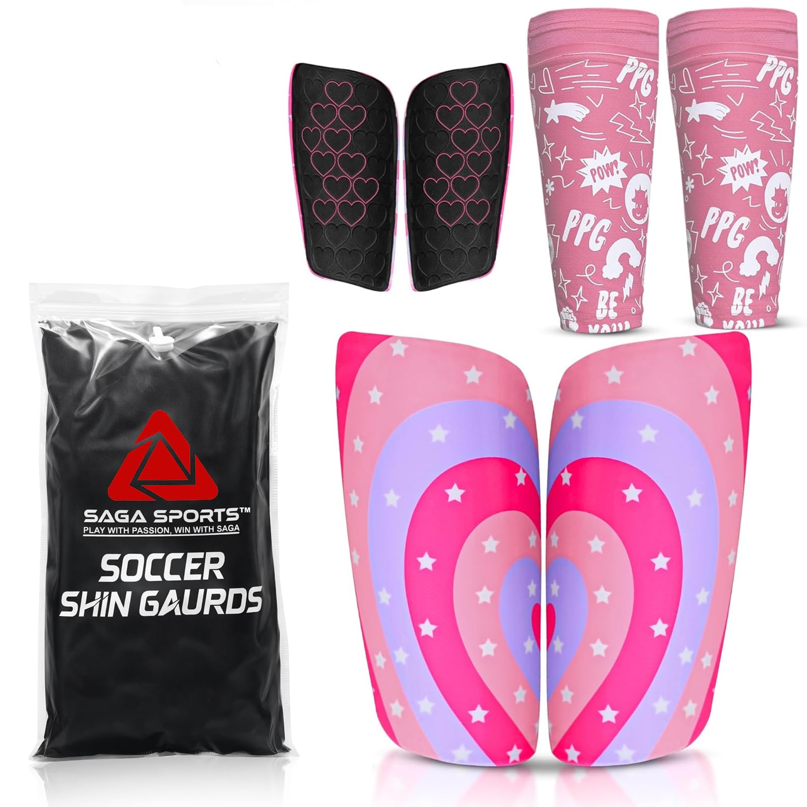 SAGA SPORTS Unbreakable Football Shin pads Includes Sleeves Soccer Shin Guards Youth & Adults | Vibrant Colors, Lightweight & Durable (PPG - Pink, X-Small [3-5 Yrs])