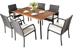 HAPPYGRILL 7 Pieces Patio Dining Set Outdoor Rattan Wicker Dining Furniture Set with Umbrella Hole, Powder Coated Steel Frame, Acacia Wood Dining Table and Armchairs with Removable Cushions