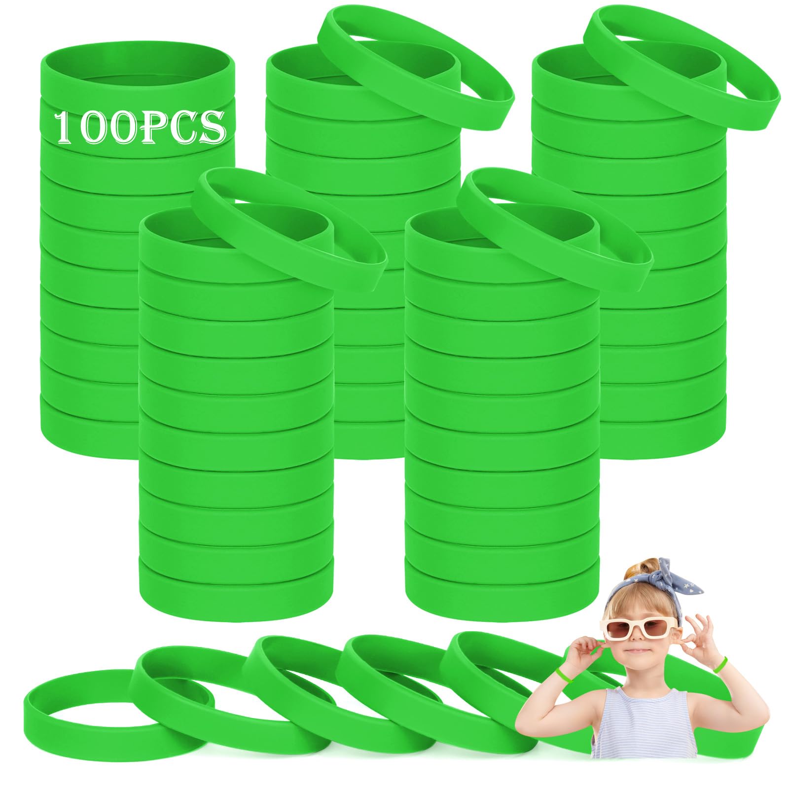 HONTIUS Kids silicone wristbands, 100PCS kids Green Rubber Wristbands Blank Wrist Bands Universal Wristband Set for Kids Child Children Kindergarden Team Sport（Suitable for 3-7aged）