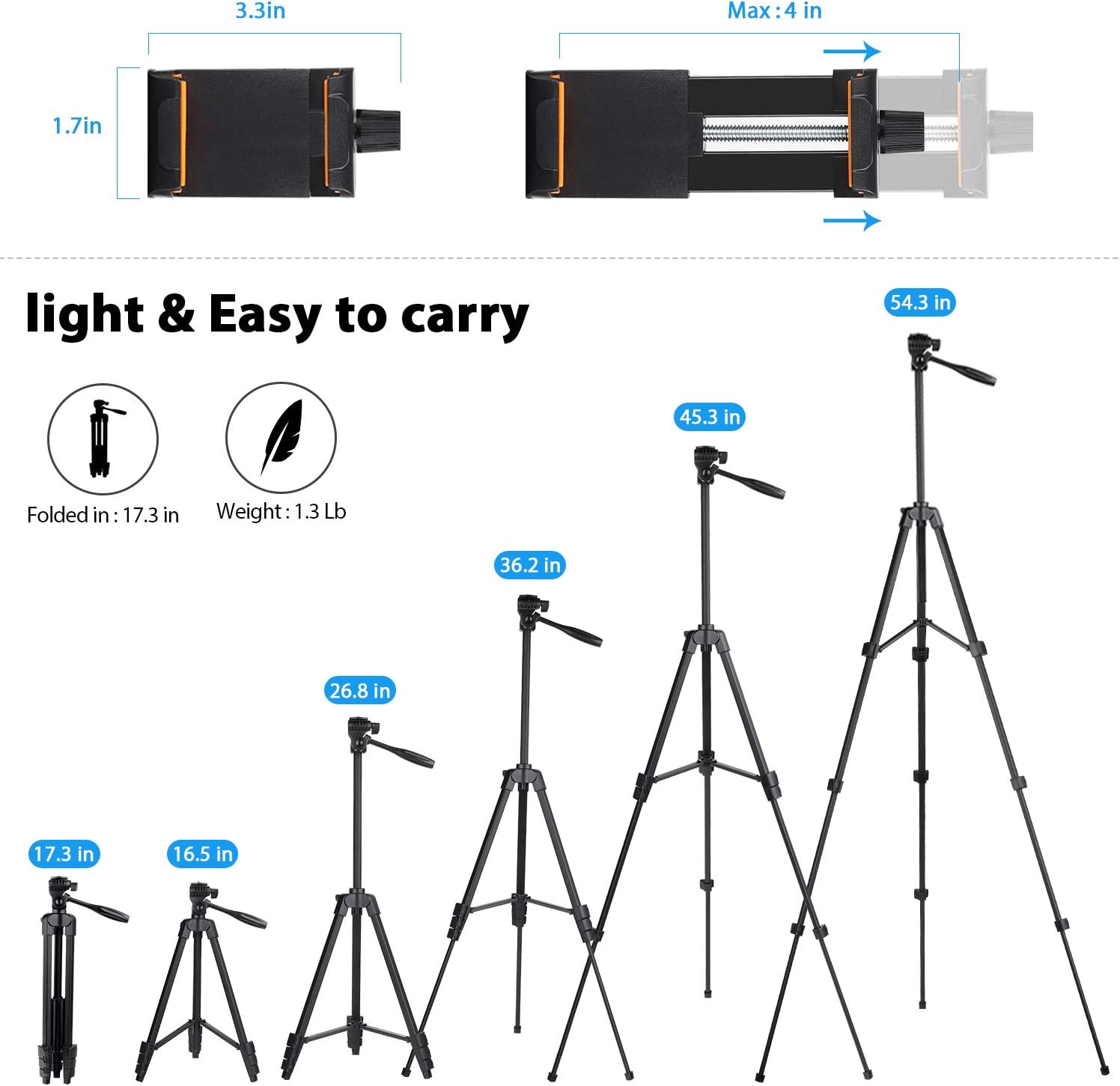 PHOPIK Phone Tripod 55 inches, Aluminum Travel/Camera/Mobile Phone Tripod with Carrying Bag with a Maximum Load of 6.6 pounds, Remote Shutter, Compatible with Smartphone & Tablet & Camera.: Camera & Photo