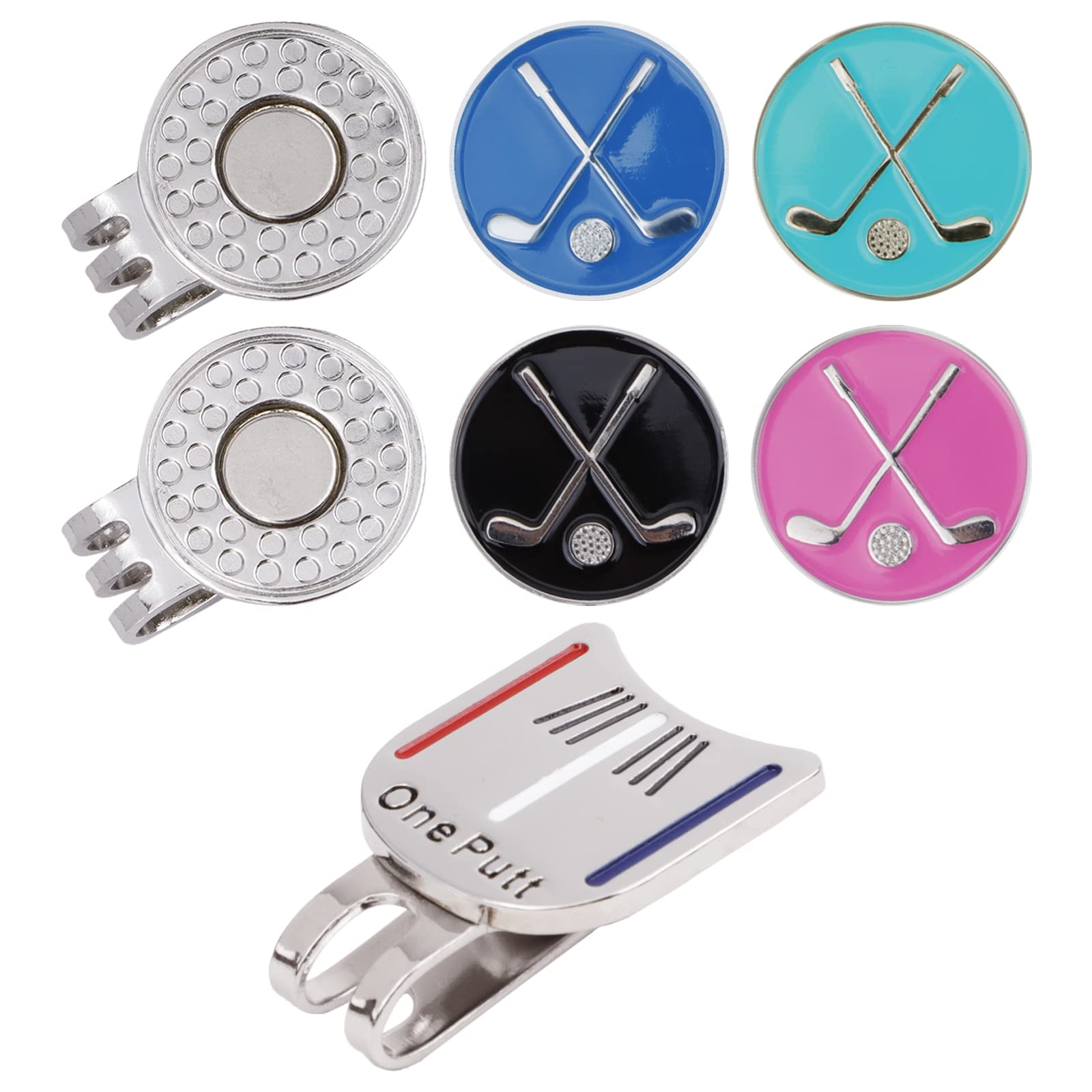 IBEQUEM 5Pcs Golf Ball Markers with 2Pcs Hat Clip Value Gift Set, Magnetic Golf Funny Accessories Ballmarker Fit Golf Divot Tools Hat