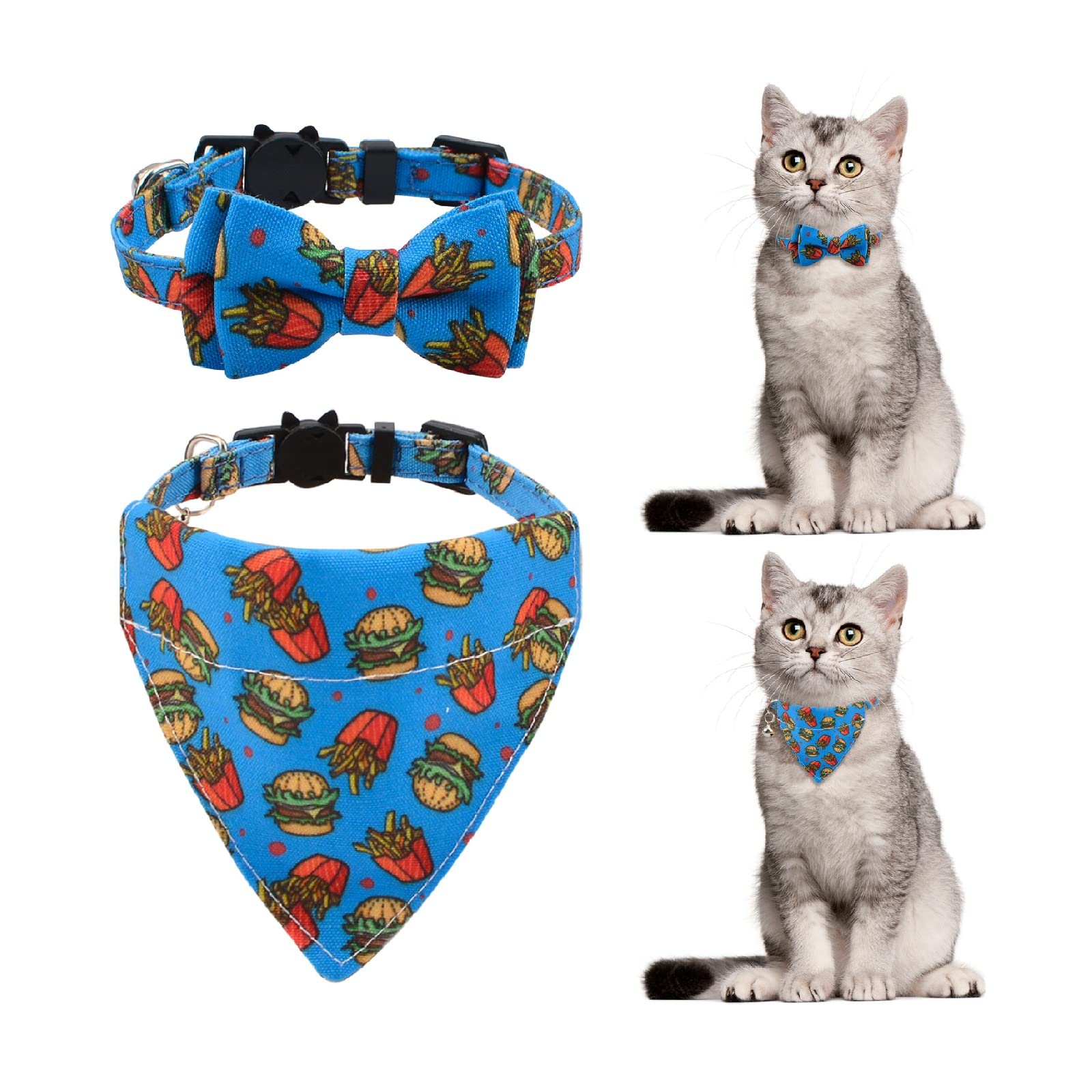 HACRAHO Bow Tie Cat Collar Bandana, 2 Pieces Adjustable Breakaway Cat Collar with Bowtie and Bell Detachable Bow Tie Bandana for Kitten and Puppies, Hamburger Fries