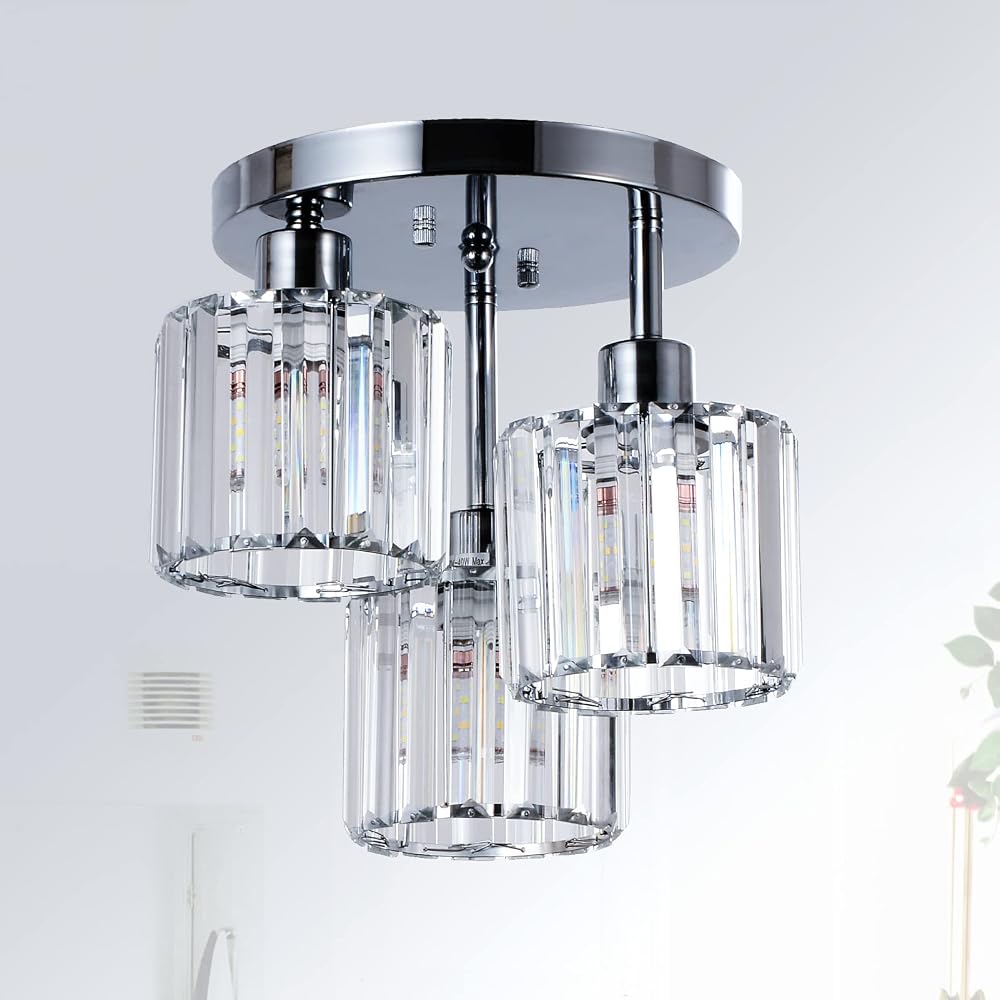 Rayofly 3-Lights Crystal Ceiling Light Chrome Semi Flush Fixture