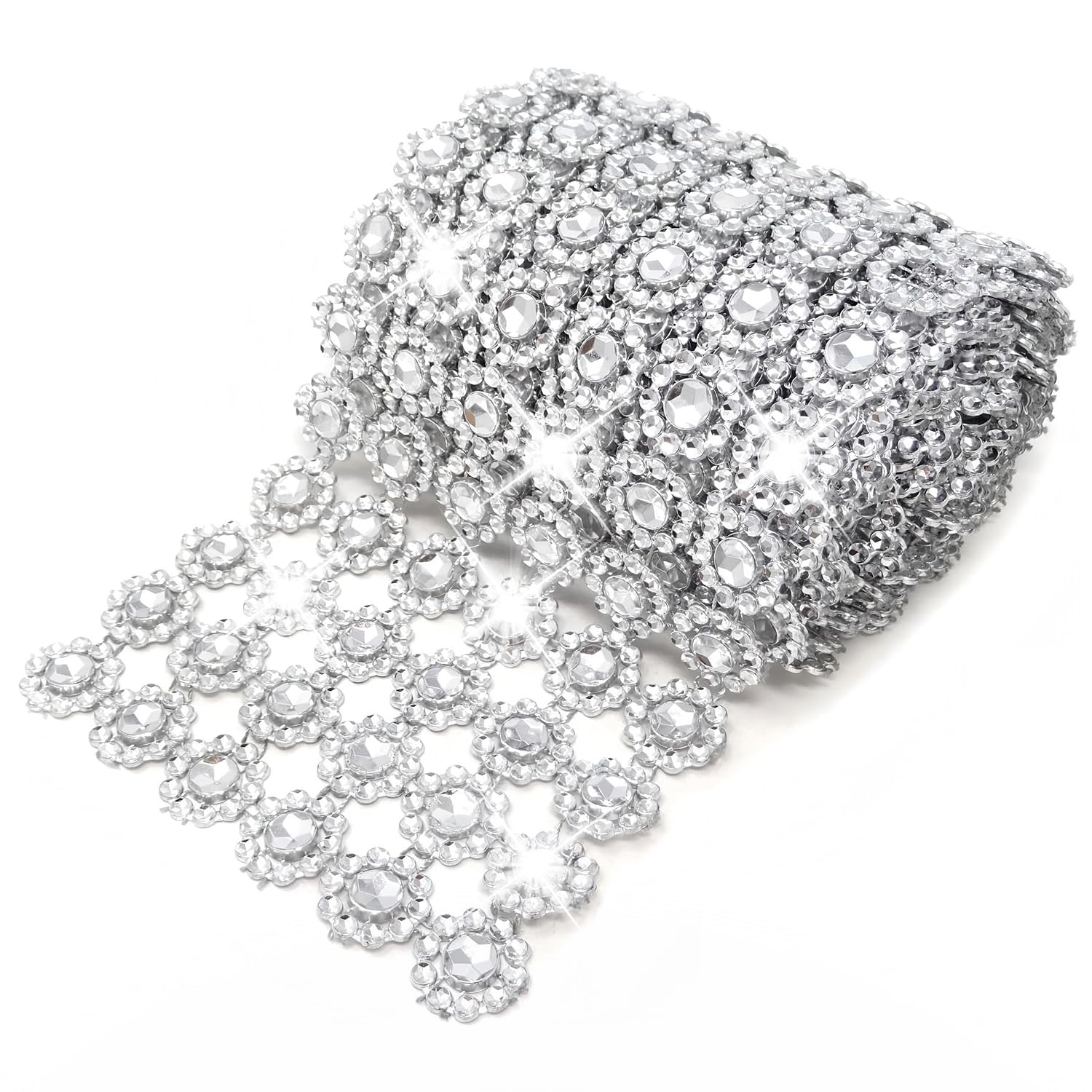 Tissting Rhinestone Ribbon 5 Yard/10cm Silver Flower Diamond Mesh Wrap Roll - Soft Bendable Electroplated Decorative Ribbon for Cake Party Wedding Bridal Decorations