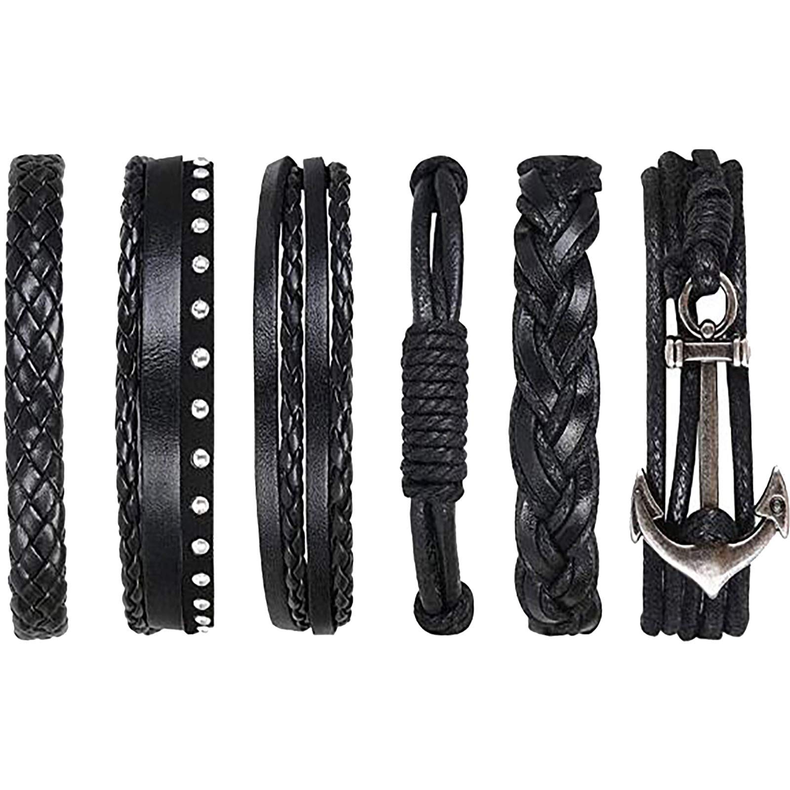 flintronic Leather Bracelet, 6Pcs Adjustable Fashion Punk Braided Men & Women Rope Bracelet Cuff Vintage Bracelets Wrap Set Series — image 1