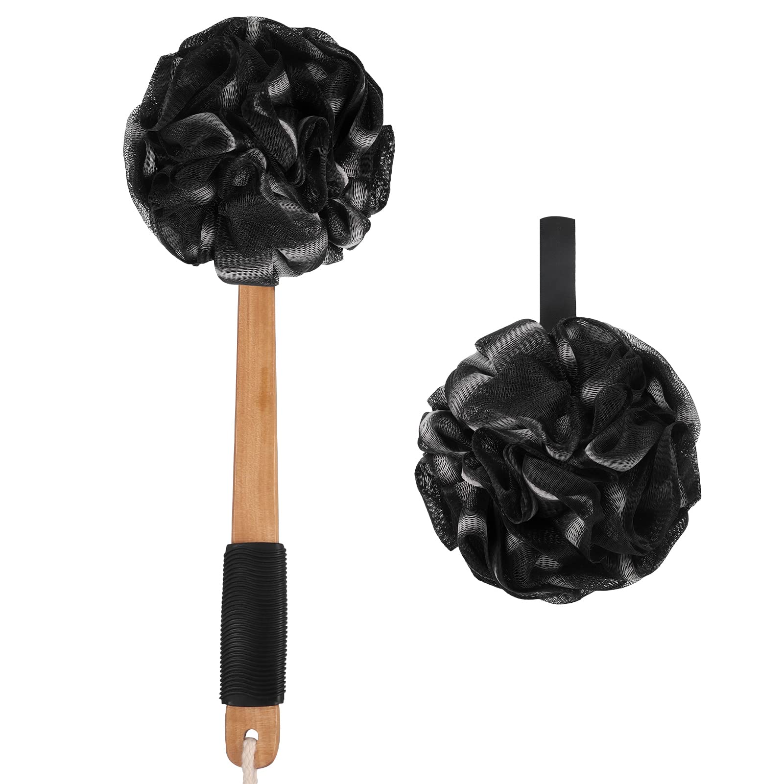 Pinenuts 2 Pack Back Scrubber, Loofah Bath Sponge, Exfoliating Shower Sponge Body Shower Scrubber Shower Brush with Long Wooden Handle for Women Men Clean Soothe Skin