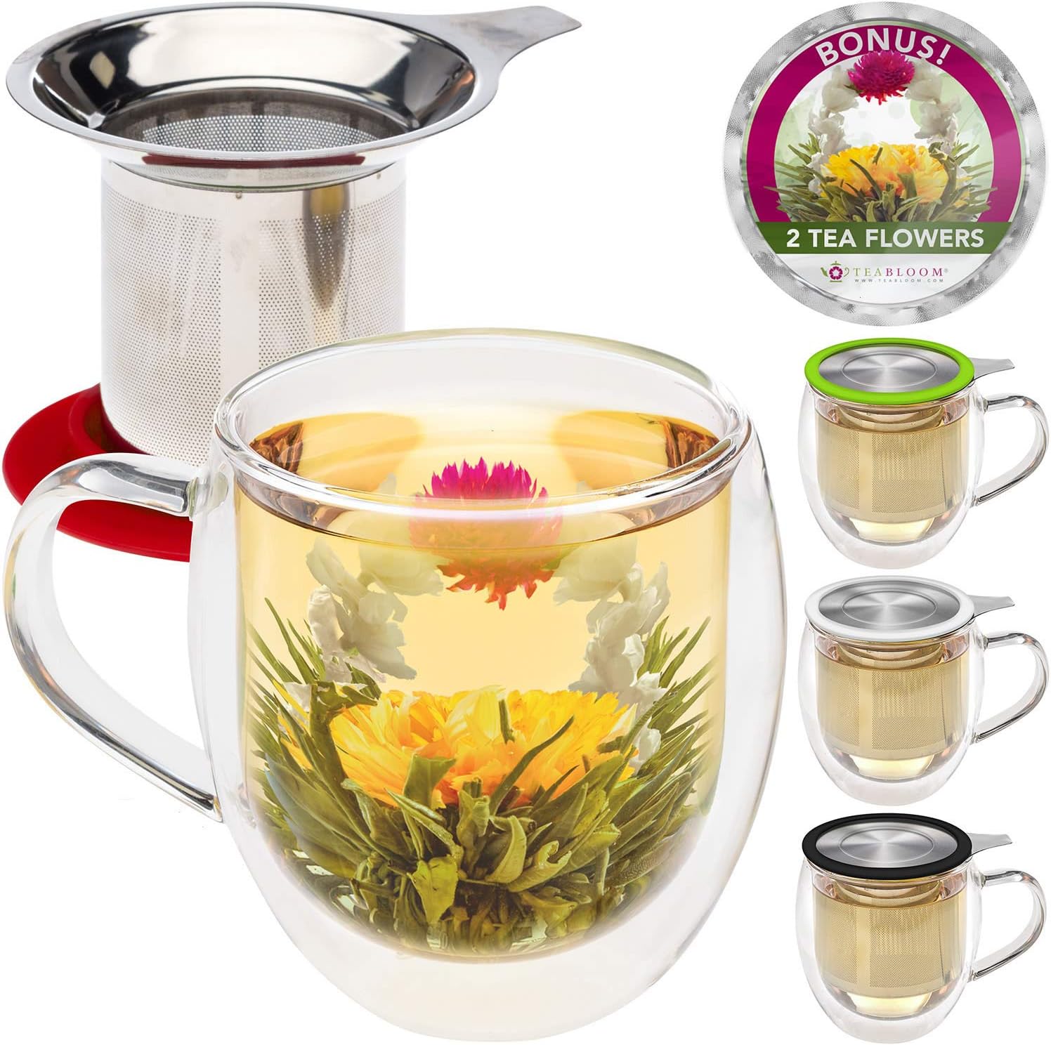 Teabloom Double Wall Glass Mug with Infuser & Lid +2 Gourmet Tea