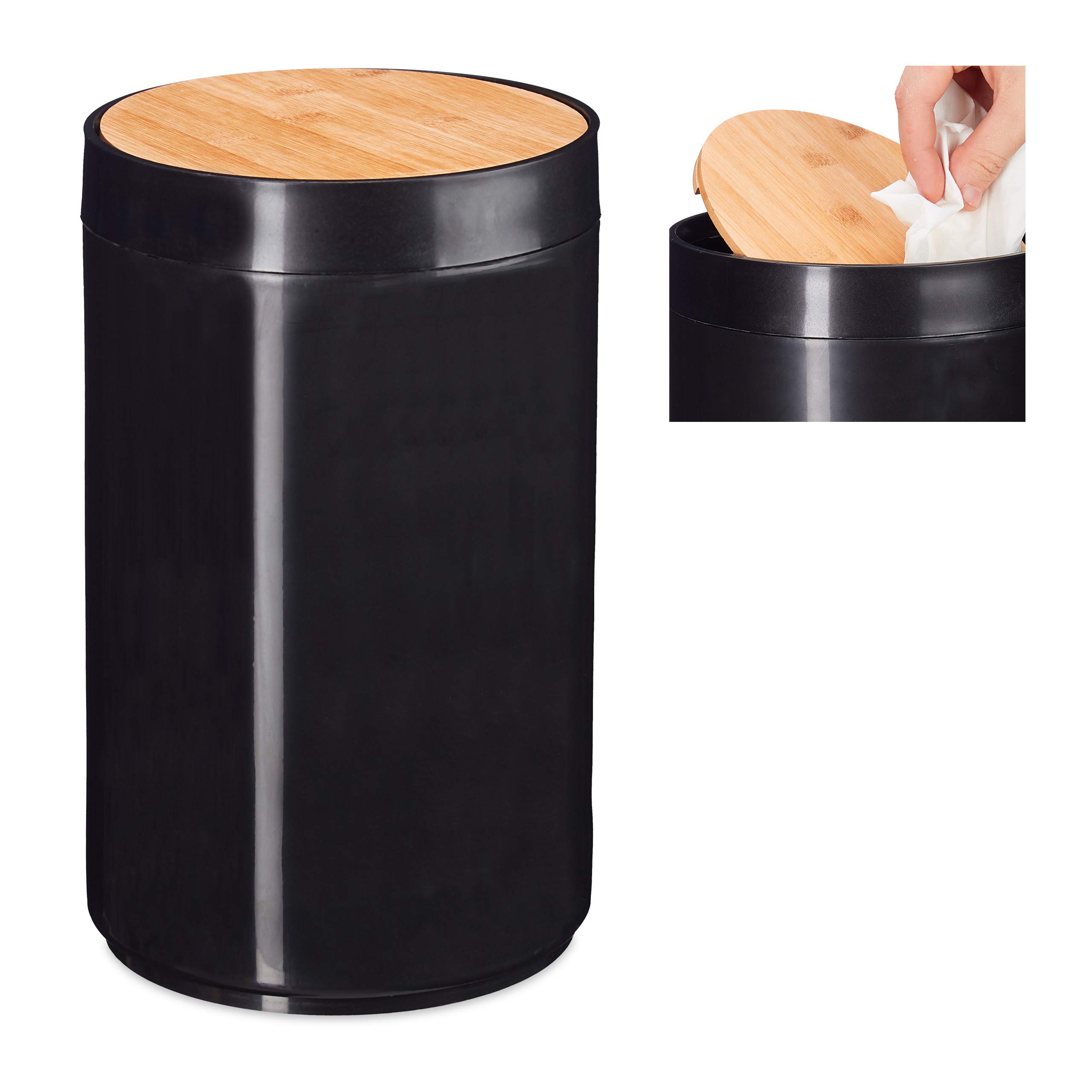 Relaxdays Sanitary Bin, Bamboo Swing Lid, Modern Bathroom Trash Can, Plastic, 5.5 L, H x D: 26.5 x 18 cm, Black