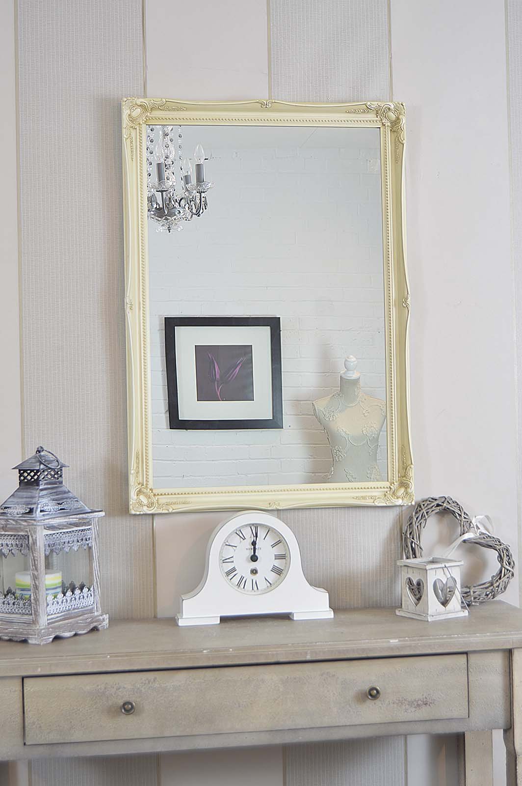 LARGE IVORY Shabby Chic Antique Style Rectangular Wall MIRROR complete with Premium Quality Pilkington's Glass - Size: 24 inches x 34 inches (60cm x 85cm)