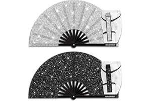 Raveahem 2 Pack Glitter Large Rave Folding Clack Hand Fan with Holster for Men/Women Handheld Fan for EDM,Festival,Club,Party,Dance (Silver+Black)