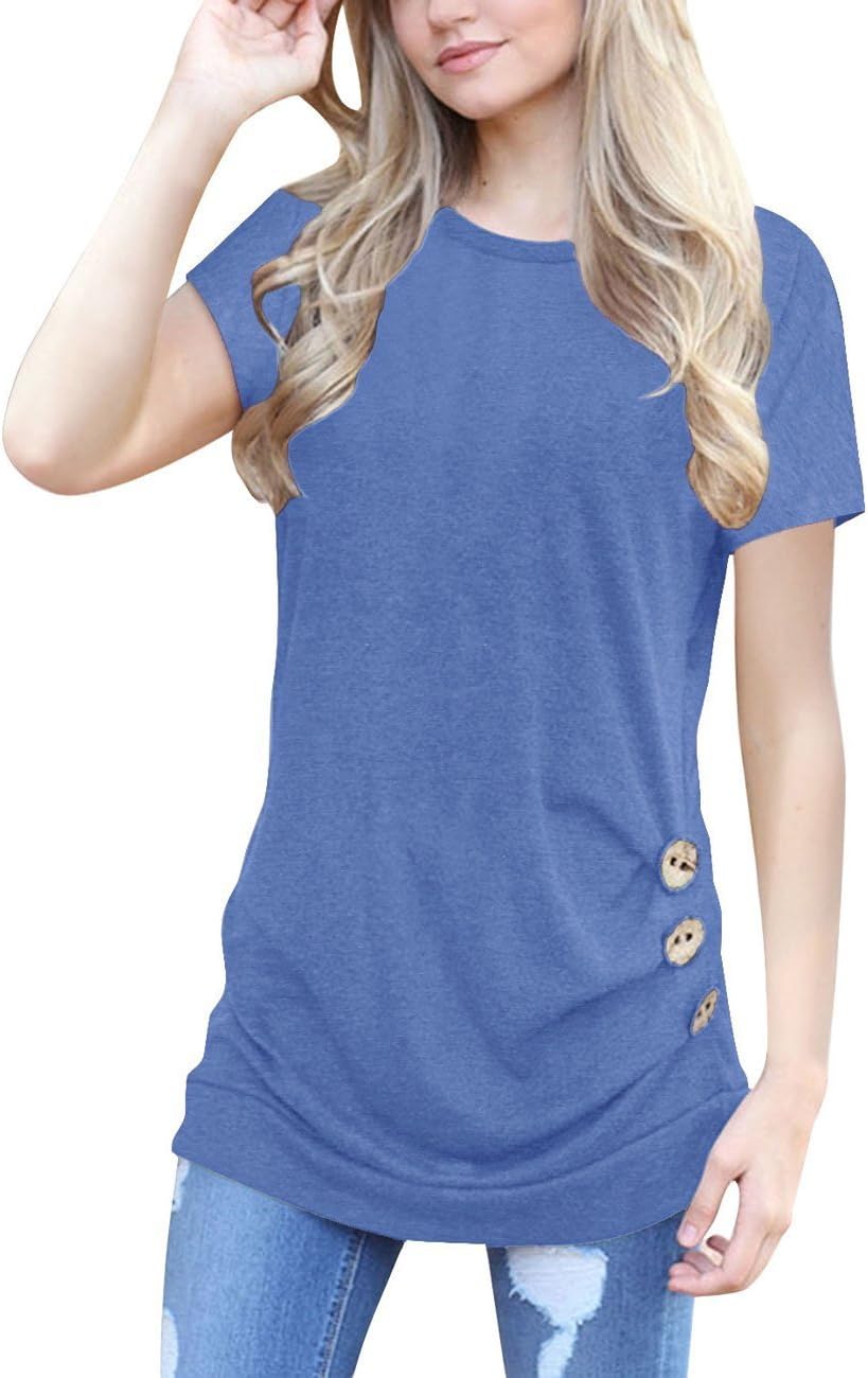 T-Shirts for Women Casual Short Sleeve Tunic Tee Tops Button Side Blouses