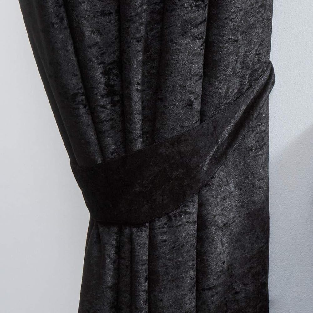 John Aird Crushed Velvet Eyelet Curtains Black Pair Tiebacks