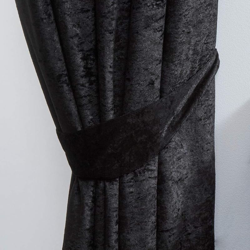John Aird Crushed Velvet Eyelet Curtains Black Pair Tiebacks